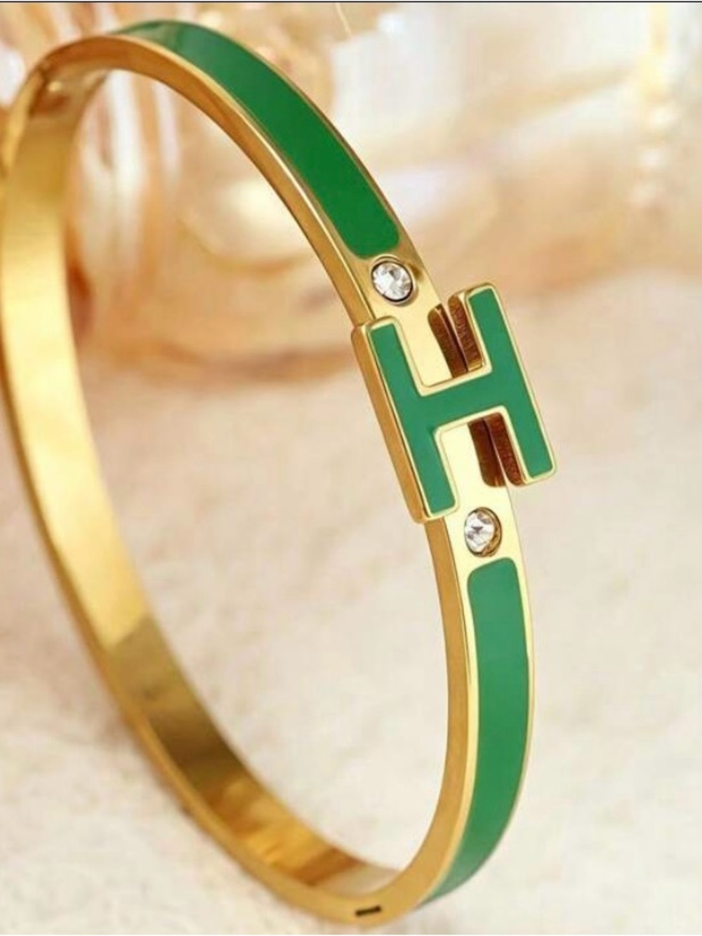 Gold-Tone Green Enamel H Bangle Stainless Steel Bracelet- Designer Style
